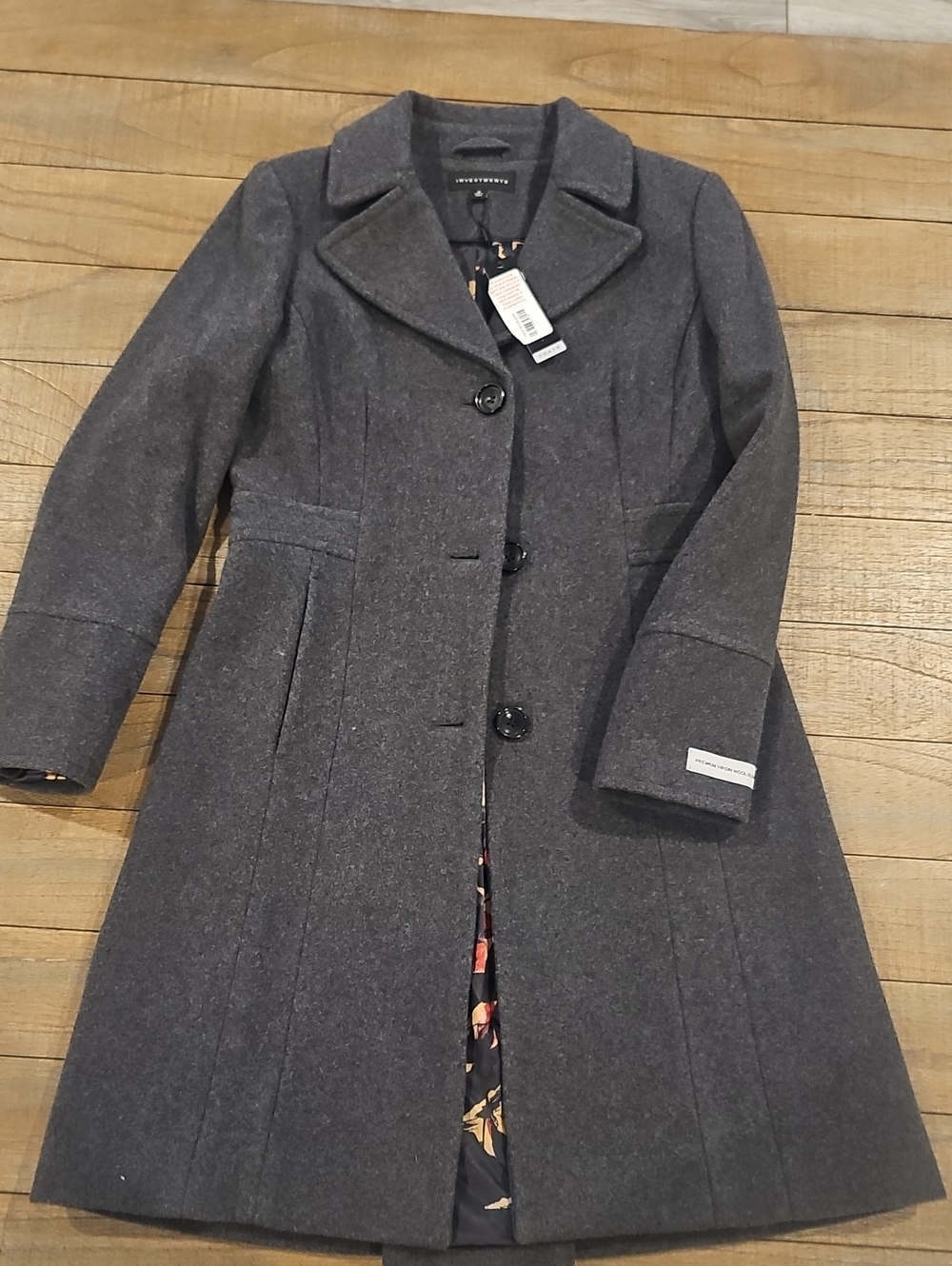 Investments Charcoal Gray Wool Pea Coat with Floral Lining